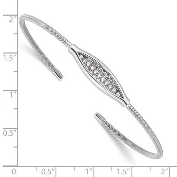 Sterling Silver Polished Rhodium-plated Textured CZ Cuff Bracelet - Picture 3 of 3